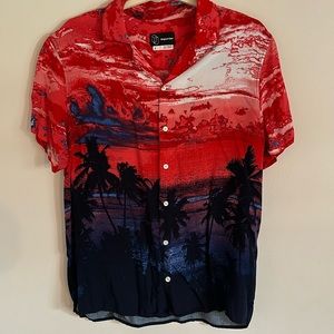 Red and blue tropical sunset button down shirt
